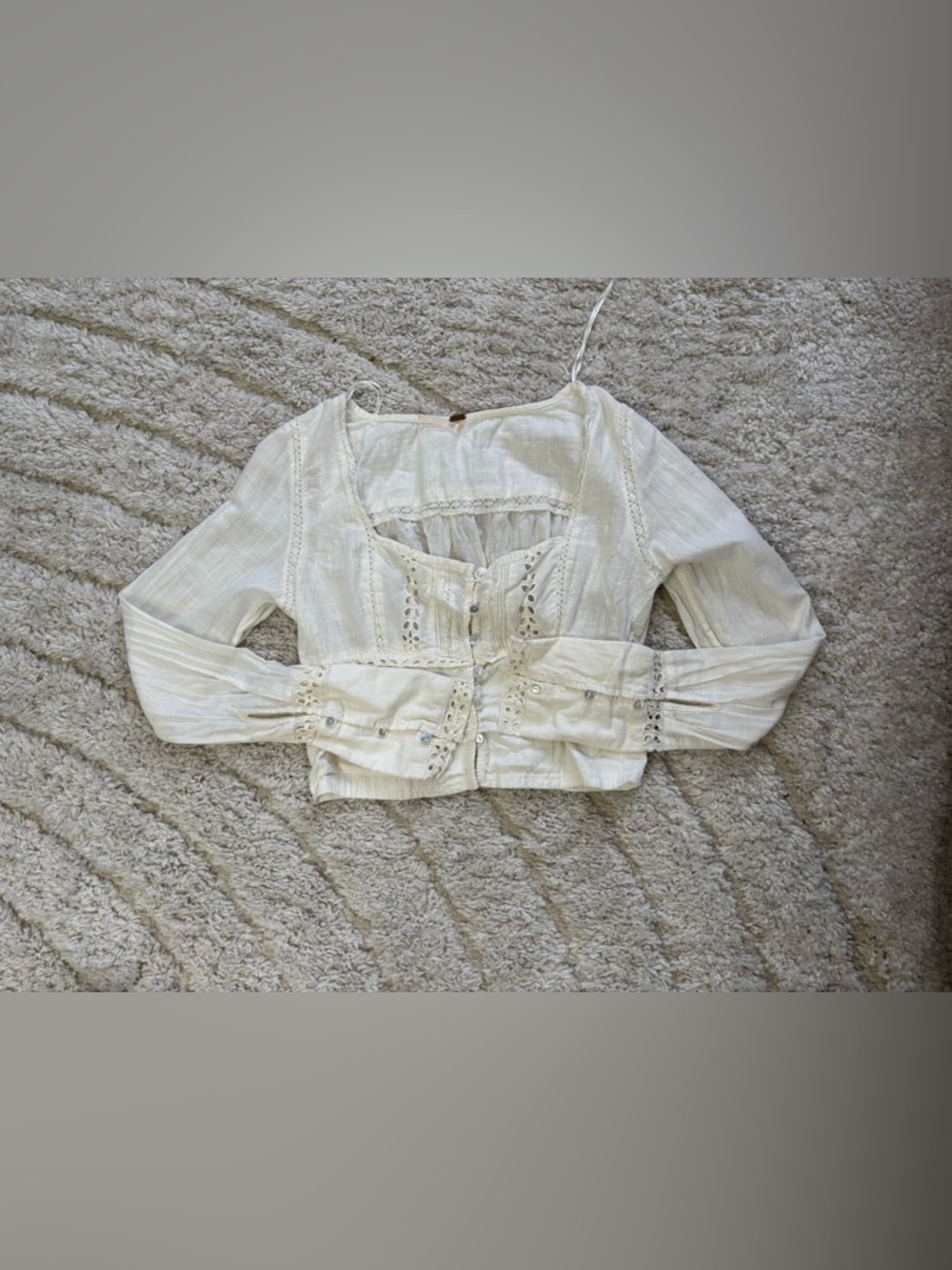 Free People Ivory Lace-Trim Button Crop Blouse